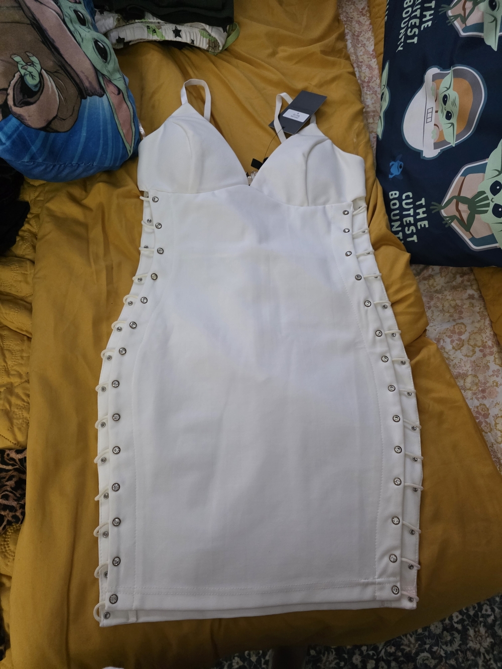 White Strappy Side-Button Mini Dress